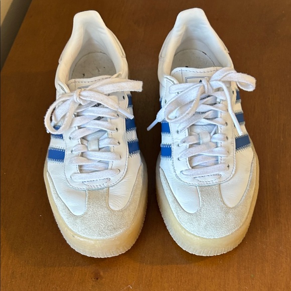 adidas Samba White Sneakers with Blue Stripes and Gum Sole - Picture 2 of 5
